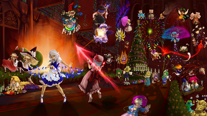 6+girls absurdres alcohol alice_margatroid arm_cannon blonde_hair blood boat bottle chen christmas_tree cirno commentary cosplay danmaku drunk eating english_commentary flandre_scarlet foaming_at_the_mouth food frog fruit fujiwara_no_mokou futatsuiwa_mamizou gap_(touhou) geta gift hakurei_reimu hat highres hinanawi_tenshi hisou_tensoku hong_meiling hoshiguma_yuugi houjuu_nue houraisan_kaguya ibuki_suika izayoi_sakuya japanese_clothes kagiyama_hina kariginu kawashiro_nitori kirisame_marisa knife kochiya_sanae komeiji_satori konpaku_youmu konpaku_youmu_(ghost) laevatein_(touhou) lens_flare luna_child lunasa_prismriver lyrica_prismriver md5_mismatch merlin_prismriver mima_(touhou) mononobe_no_futo moriya_suwako multiple_girls nagae_iku onbashira onozuka_komachi pachicrazy patchouli_knowledge peach photoshop_(medium) poison_(final_fight) reiuji_utsuho remilia_scarlet saigyouji_yuyuko sake scythe shameimaru_aya shanghai_doll silhouette spear_the_gungnir star_sapphire sunny_milk target tengu-geta touhou touhou_(pc-98) toyosatomimi_no_miko toyosatomimi_no_miko_(cosplay) traffic_baton unworn_hat unworn_headwear watercraft weapon yakumo_ran yakumo_yukari yasaka_kanako