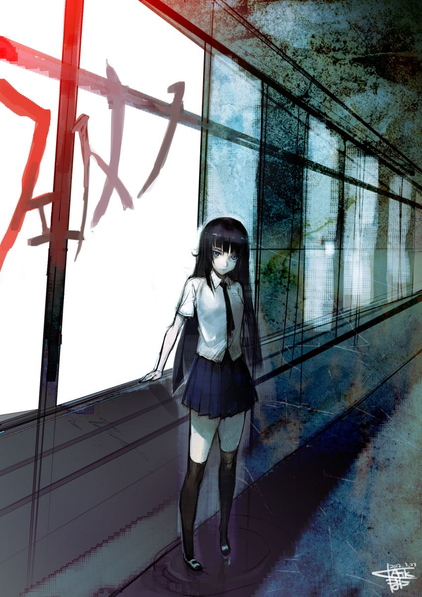 absurdres black_hair black_thighhighs blue_eyes commentary_request female hallway highres long_hair looking_at_viewer mitsurugi_yoishi namaniku_atk necktie official_art over-kneehighs phenomeno photoshop_(medium) pleated_skirt school_uniform signature skirt solo thighhighs