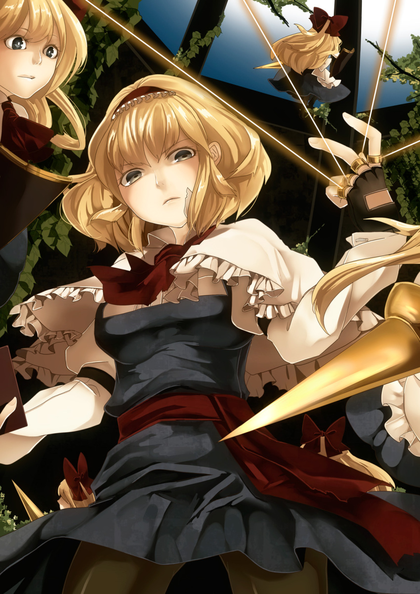 alice_margatroid bad_id bad_pixiv_id black_pantyhose blonde_hair capelet commentary_request dress female hairband highres lance long_hair memai pantyhose photoshop_(medium) polearm shanghai_doll short_hair solo string touhou weapon