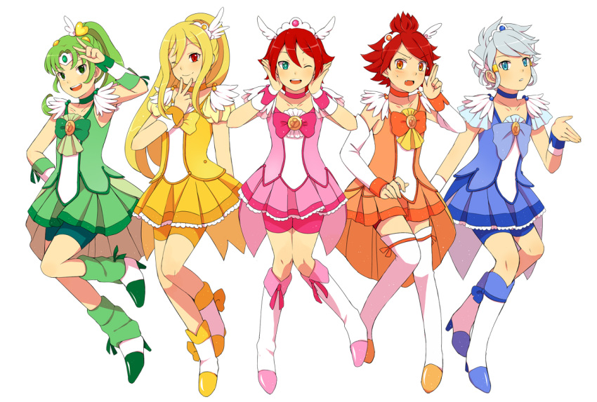 5boys afuro_terumi bad_id bad_pixiv_id blue_skirt boots bow choker cosplay crossdressing cure_beauty cure_beauty_(cosplay) cure_happy cure_happy_(cosplay) cure_march cure_march_(cosplay) cure_peace cure_peace_(cosplay) cure_sunny cure_sunny_(cosplay) green_choker green_shorts green_skirt group_picture inazuma_eleven inazuma_eleven_(series) kiyama_hiroto knee_boots look-alike magical_boy midorikawa_ryuuji multiple_boys nagumo_haruya name_connection orange_choker orange_skirt otoko_no_ko photoshop_(medium) pink_choker pink_shorts pink_skirt precure rice-bao shorts shorts_under_skirt skirt smile_precure suzuno_fuusuke white_background yellow_bow yellow_choker yellow_shorts yellow_skirt