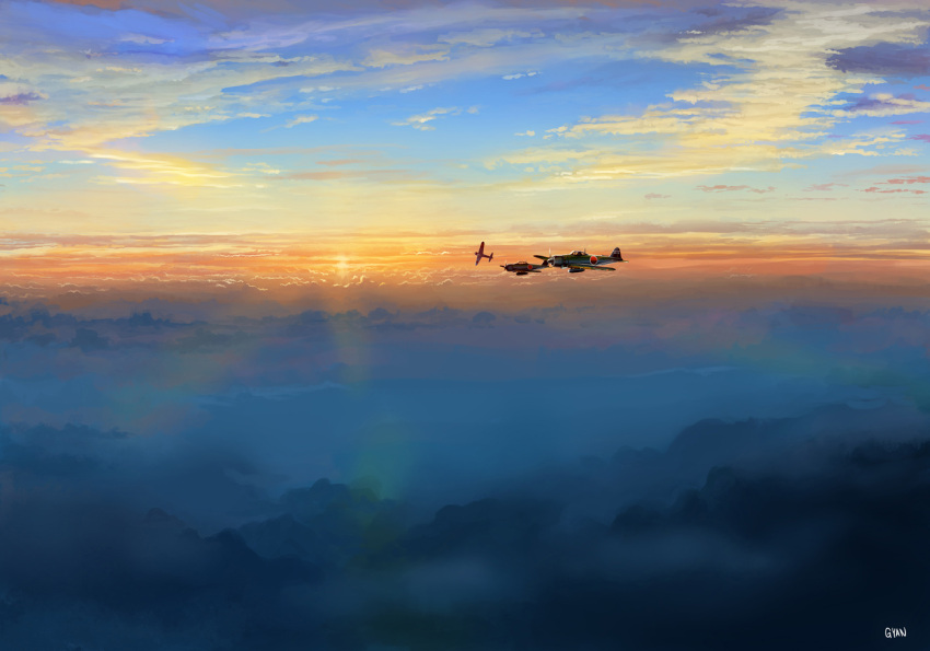 a6m_zero aircraft airplane cloud commentary_request gyan_(akenosuisei) military no_humans outdoors photoshop_(medium) signature sky sun sunrise tora!_tora!_tora!