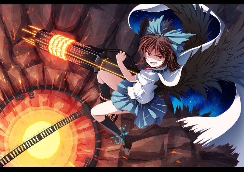 alternate_weapon arm_cannon atom black_socks bow brown_hair cape commentary_request female hairbow highres letterboxed long_hair open_mouth orange_eyes reiuji_utsuho skirt socks solo touhou tri weapon wings