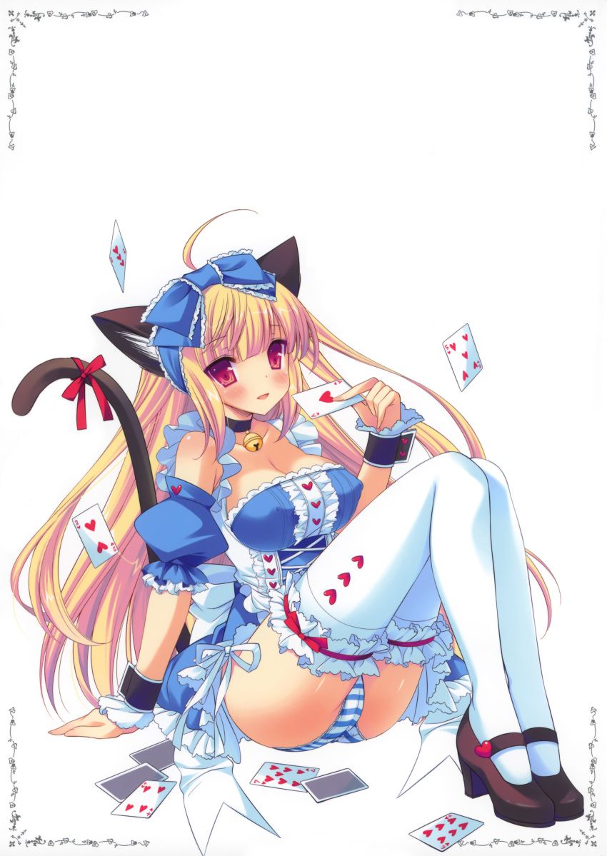 :d absurdres animal_ears bell blonde_hair blush bow breasts bridal_garter cameltoe card cat_ears cat_tail cleavage collar covered_nipples detached_sleeves female highres inugahora_an maid mary_janes medium_breasts open_mouth original panties playing_card red_eyes ribbon shoes side-tie_panties sitting smile solo string_panties striped_clothes striped_panties tail thighhighs underwear white_thighhighs wrist_cuffs