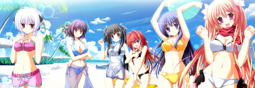 6+girls amamiya_ayane armpits ball beach beachball bikini blue_hair blue_sarong blush breasts canoe chair china_dress chinese_clothes cleavage cloud day dress fortissimo//akkord:bsusvier game_cg highres kurobane_sayuki large_breasts lens_flare lounge_chair mizusaka_miki multiple_girls navel non-web_source one_eye_closed ooba_kagerou outdoors palm_tree pink_hair purple_hair red_hair sakura_(fortissimo) sarong satomura_momiji see-through see-through_sarong shorts sky suzushiro_nagisa swimsuit tree white_hair zipper