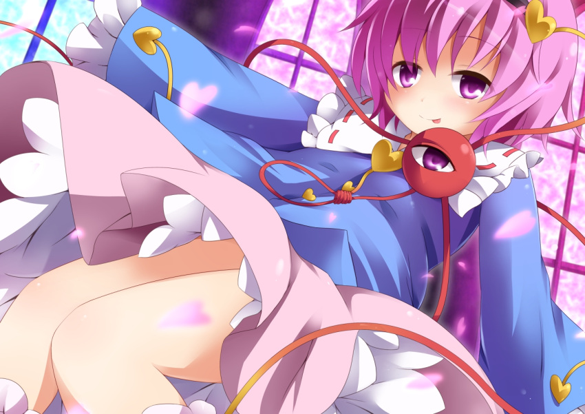 :p chro commentary_request female hairband heart komeiji_satori pink_hair pink_skirt purple_eyes short_hair skirt sleeves_past_wrists smile solo third_eye tongue tongue_out touhou