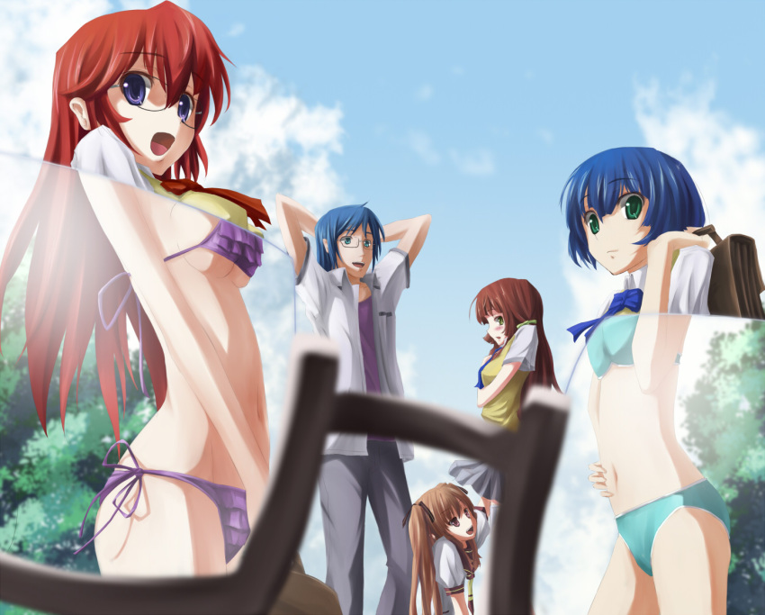 1boy 4girls ano_natsu_de_matteru bikini blush breasts clothes_lift commentary_request enatetsu eyewear_view frilled_bikini frills glasses ishigaki_tetsurou kitahara_mio multiple_girls navel pov side-tie_bikini_bottom sideboob skirt skirt_lift small_breasts swimsuit takatsuki_ichika tanigawa_kanna underboob x-ray_glasses x-ray_vision yamano_remon