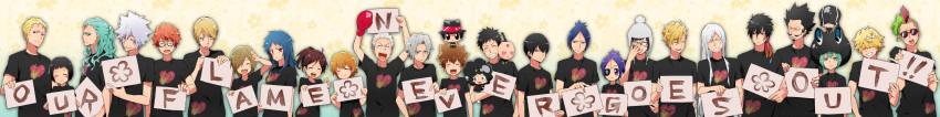 absurdres angry animal_hat artist_request basil_(katekyo_hitman_reborn!) belphegor_(reborn) black_hair black_shirt blonde_hair blue_eyes blue_hair blush boxing_gloves brown_hair byakuran candy chibi chrome_dokuro closed_eyes dino_(reborn) everyone eyepatch facial_hair food glasses gokudera_hayato green_eyes green_hair grey_hair grin hair_over_eyes hat heart hibari_kyouya highres horns i-pin irie_shoichi jewelry kakimoto_chikusa katekyo_hitman_reborn! kikyo_(reborn) lal_mirch lambo levi-a-thon lollipop long_hair lussuria_(reborn) mammon_(reborn) miura_haru moustache multiple_boys multiple_girls orange_hair photoshop_(medium) ponytail purple_eyes purple_hair reborn red_eyes rokudou_mukuro sasagawa_kyouko sasagawa_ryohei sawada_tsunayoshi shirt short_hair simple_background smile spanner_(reborn!) superbi_squalo tattoo tiara uni_(reborn) white_hair wide_image xanxus yamamoto_takeshi