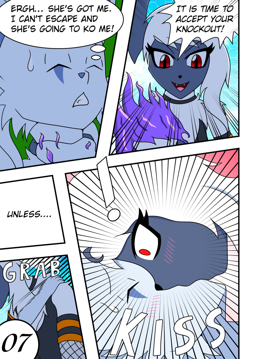 absol absurd_res alolan_ninetales anthro blue_body blue_fur blush chiro_(zerochill) clenched_teeth comic cute_fangs duo english_text exclamation_point facial_markings female fire fluffy fluffy_hair fur grey_body grey_skin hair head_markings hi_res khblacky97 kissing male markings midni_(solarkness) nintendo onomatopoeia page_7 pokémon_(species) pokemon pokemon_unite regional_form_(pokémon) sound_effects teeth text video_games white_body white_fur white_hair wide_eyed