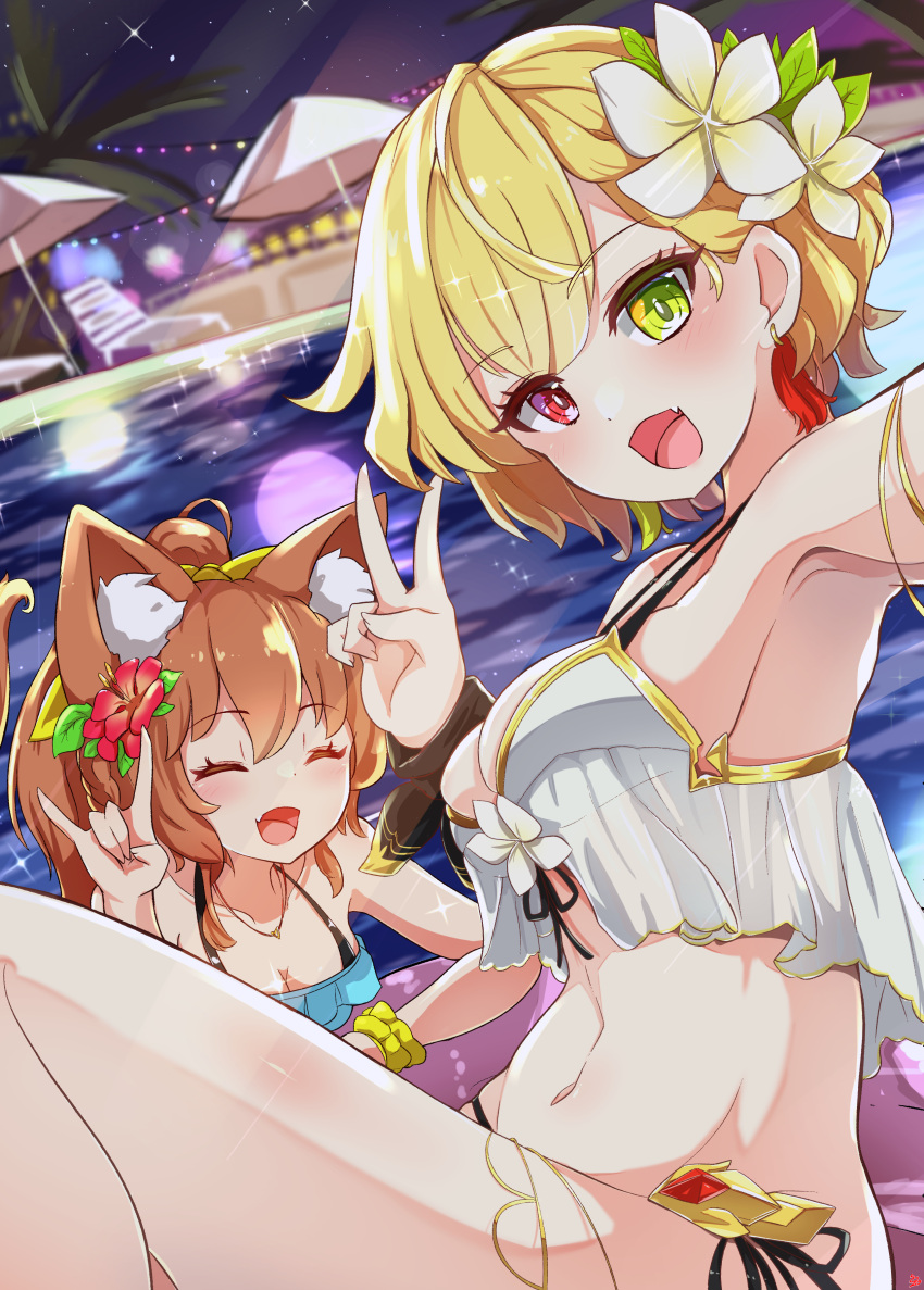 52korinmad absurdres animal_ear_fluff animal_ears blonde_hair breasts charlotte_(shironeko_project) flower fox_ears fox_girl fox_shadow_puppet green_eyes hair_flower hair_ornament heterochromia highres korin_(shironeko_project) medium_breasts oerba_yun_fang red_eyes shironeko_project short_hair swimsuit v