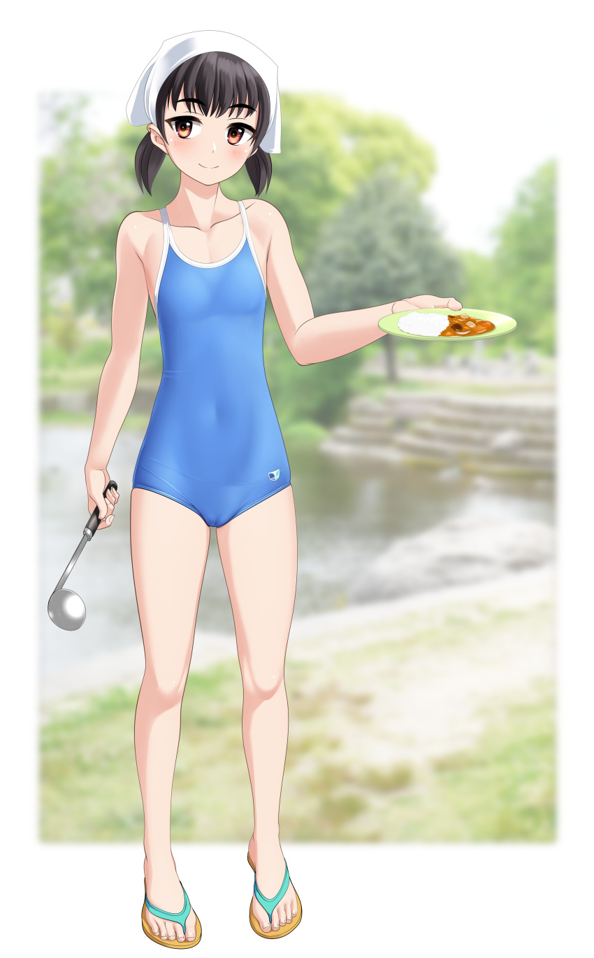 absurdres bandana black_hair blue_one-piece_swimsuit breasts brown_eyes commentary_request competition_school_swimsuit curry female flip-flops food full_body highres ladle low_twintails one-piece_swimsuit original photo_background plate sandals school_swimsuit short_hair small_breasts solo standing swimsuit takafumi twintails variant_set white_bandana