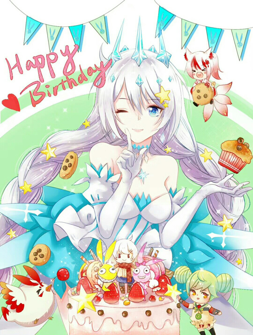 3girls ;) ai-chan_(honkai_impact) animal_ears birthday blue_eyes braid breasts cherry chibi cookie cupcake double_bun dress duwu_qian_xun_meng earrings elbow_gloves english_text food fox_ears fox_girl fox_tail fruit gloves green_hair hair_bun happy_birthday heart highres higokumaru homei_(honkai_impact) homu_(honkai_impact) honkai_(series) honkai_impact_3rd jewelry kiana_kaslana kiana_kaslana_(divine_prayer) looking_at_viewer medium_breasts multiple_girls multiple_tails one_eye_closed orange_eyes smile star_(symbol) strapless strapless_dress tail twin_braids white_dress white_gloves white_hair