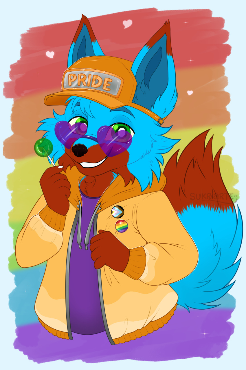 absurd_res badge candy canid canine cheek_tuft clothed clothing dessert eyewear facial_tuft fennec_fox fluffy fluffy_tail food fox hat headgear headwear henkas hi_res jacket lgbt_pride lollipop male mammal orange_clothing orange_jacket orange_topwear pride pride_color_background pride_colors pride_pin progress_pride_colors purple_clothing purple_eyewear purple_shirt purple_sunglasses purple_topwear shirt simple_background solo sukriarte sunglasses t-shirt tail topwear true_fox tuft