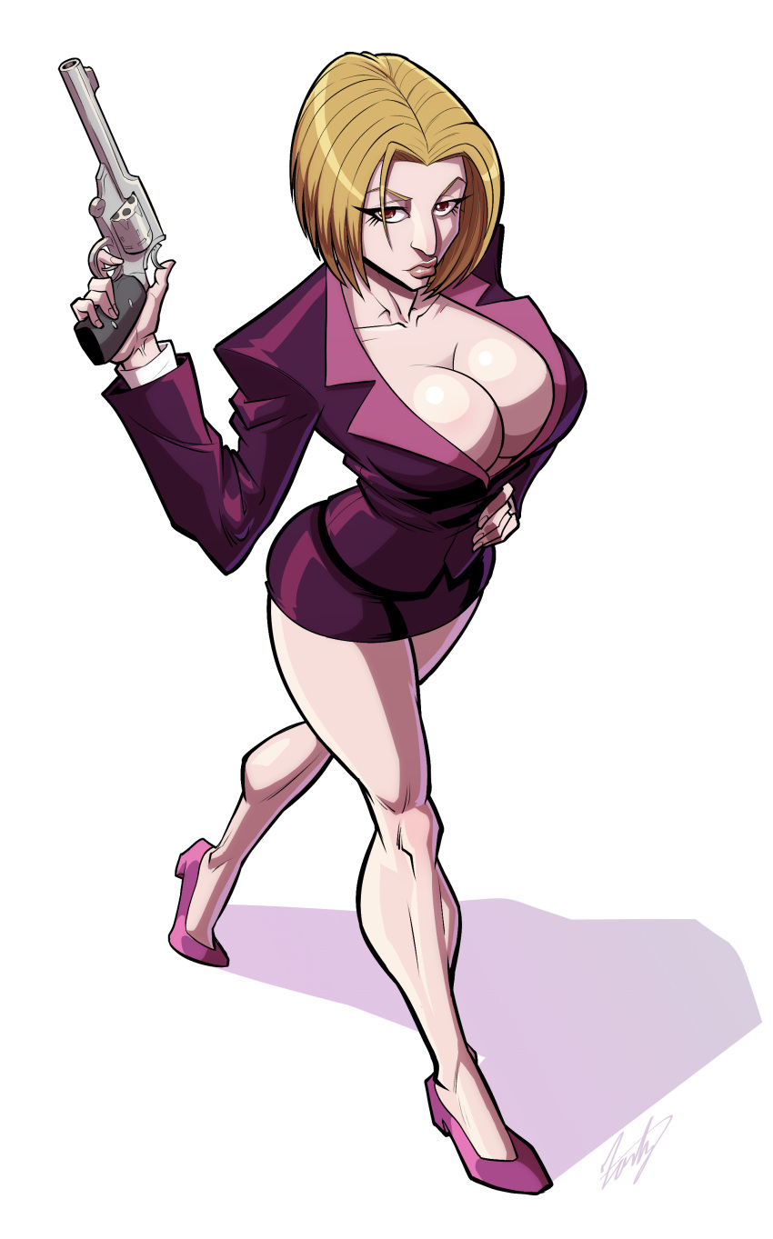 1girls artist_name artist_signature bare_legs blank_background blonde_hair breasts bursting_breasts business_suit busty clasped_dress cleavage cleavage_cutout collarbone contrapposto emotionless female female_focus female_killer female_only fontez formal_attire formal_wear full_body fully_clothed gun hand_on_hip handgun hi_res high_heeled_shoes high_heels high_resolution highres huge_breasts huge_lips hunter_x_hunter killer long_legs long_nose looking_at_viewer looking_up massive_breasts microdress minidress murderer no_bra no_shirt pakunoda pink_footwear pink_heels pink_high_heels pink_shoes pistol plain_background puckered_lips red_eyes revolver s short_hair simple_background skirt skirt_suit solo strutting suit tight_shirt voluptuous weapon white_background