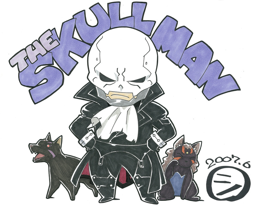 1boy chibi commentary_request copyright_name dated gorigo highres male_focus photoshop_(medium) shingyouji_reina shingyouji_tetsurou skullman_(ishimori_shoutarou) solo the_skullman traditional_media