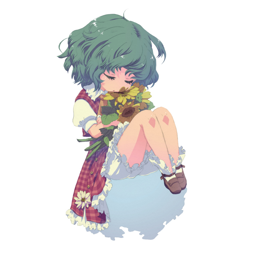 aged_down ascot bloomers closed_eyes commentary_request dress dress_flower eyelashes female fetal_position flower full_body green_hair highres holding holding_flower kazami_yuuka legs_together medium_hair oto plaid plaid_dress plaid_skirt plaid_vest plantar_flexion red_dress short_hair skirt skirt_set solo sunflower touhou transparent_background underwear vest wavy_hair