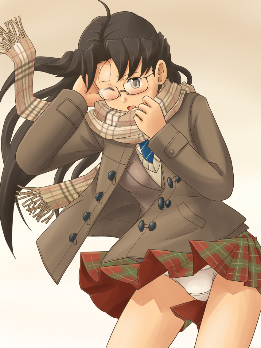 black_hair blush commentary_request female glasses highres hikushibe_aya lielos long_hair one_eye_closed original panties scarf school_uniform skirt solo underwear wind wind_lift