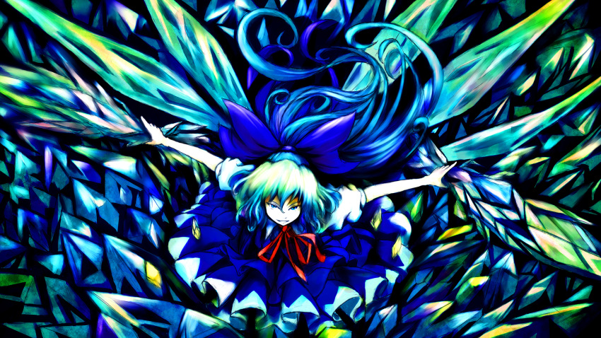 bad_id bad_pixiv_id blue_eyes blue_hair bow cirno dress female hairbow highres ice ponytail ribbon solo touhou usual wings