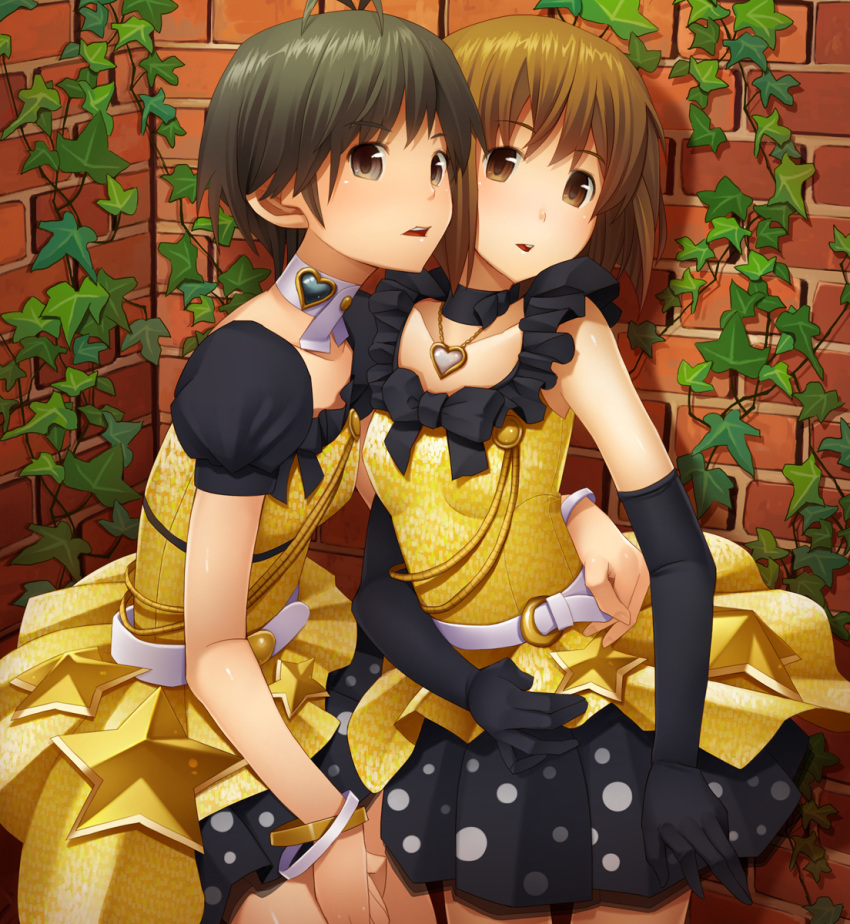 2girls arm_around_waist bad_id bad_pixiv_id brown_eyes brown_hair elbow_gloves gloves goe hagiwara_yukiho highres idolmaster idolmaster_(classic) kikuchi_makoto live_for_venus_(idolmaster) multiple_girls photoshop_(medium) short_hair