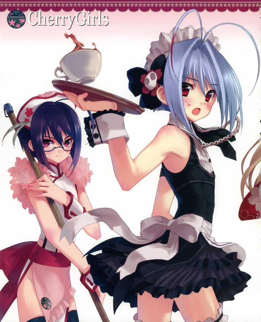 2boys absurdres apron armpits blue_hair blush broom cup glasses highres kasukabe_akira multiple_boys open_mouth otoko_no_ko otoko_no_ko_wa_meido_fuku_ga_osuki!? purple_eyes purple_hair red_eyes short_hair tea teacup tomo_(otosuki) tray yuki_(otosuki)