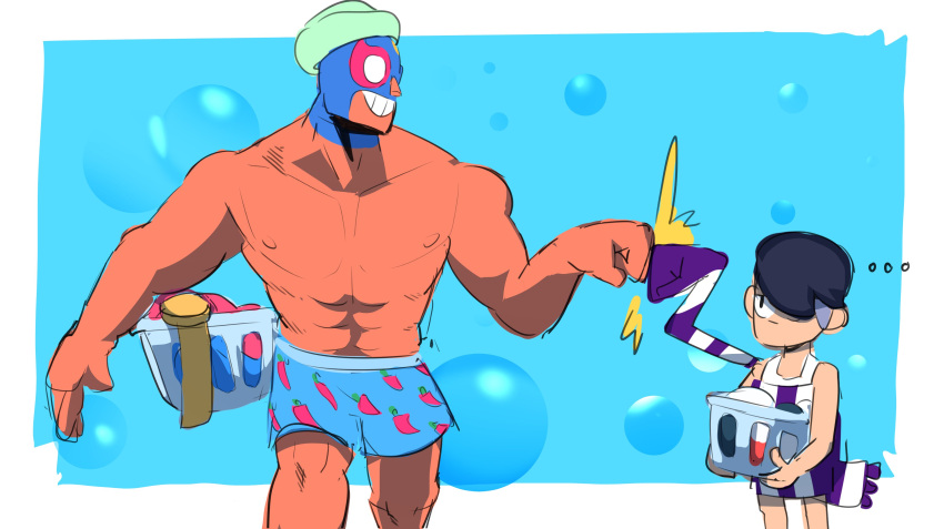 2boys abs absurdres bara biceps boxers brawl_stars character_request dark-skinned_male dark_skin el_primo fist_bump flexing francy_artist grin highres large_pectorals laundry_basket looking_at_viewer luchador_mask male_focus male_underwear multiple_boys muscular muscular_male nipples pectorals pointing pointing_forward print_male_underwear smile standing thick_thighs thighs topless_male underwear unfinished walking