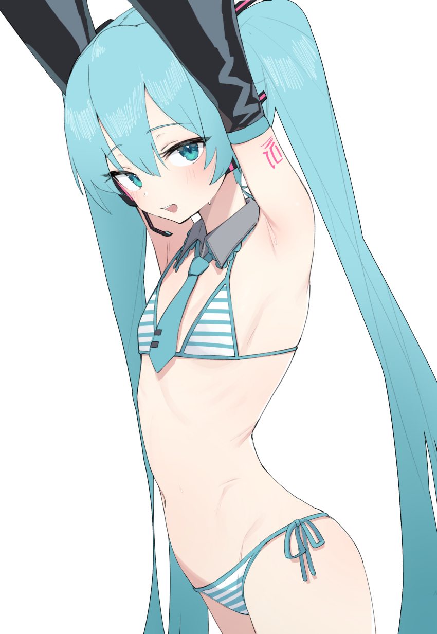 absurdres aqua_eyes aqua_hair aqua_necktie armpits arms_up bare_shoulders bikini blush bongnom cowboy_shot detached_sleeves female flat_chest groin hair_between_eyes halterneck hatsune_miku highres long_hair looking_at_viewer navel necktie open_mouth side-tie_bikini_bottom simple_background smile solo standing stomach string_bikini striped_bikini striped_clothes swimsuit tattoo twintails very_long_hair vocaloid white_background