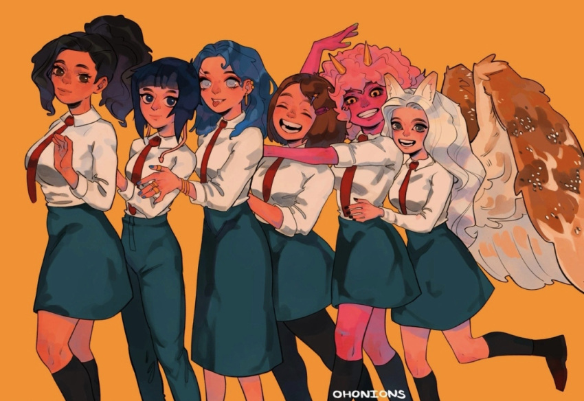 ashido_mina barn_owl black_eyes boku_no_hero_academia cute female female_focus female_only girls girls_only girly horns japanese_clothes japanese_female jirou_kyouka kyoka_jiro mina_ashido momo_yaoyorozu my_hero_academia ochako_uraraka ohonions open_mouth original owl owl_girl petite petite_body petite_female petite_girl pink_skin school school_girl school_uniform schoolgirl schoolgirl_uniform skirt smiling smiling_at_each_other smiling_at_viewer thin thin_arms thin_female thin_waist uraraka_ochako wings wings_folded yaoyorozu_momo