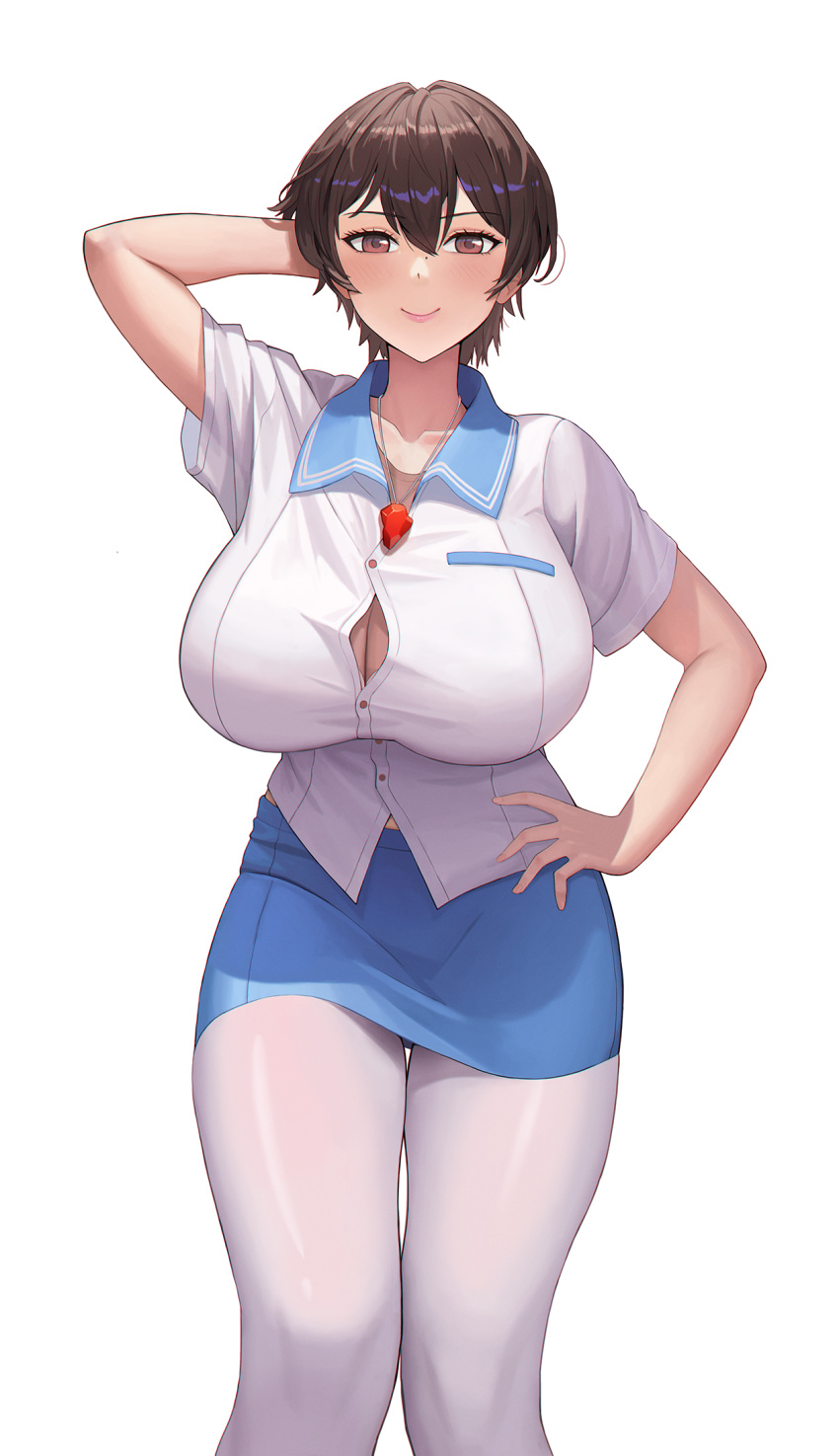 arm_behind_head blue_skirt breasts brown_eyes brown_hair button_gap cleavage closed_mouth collared_shirt commission cowboy_shot feet_out_of_frame female hair_between_eyes hand_on_own_hip highres huge_breasts looking_at_viewer lud mole original pantyhose pencil_skirt school_uniform shirt short_hair short_sleeves simple_background skirt smile solo straight-on thighs whistle whistle_around_neck white_background white_hair white_pantyhose white_shirt