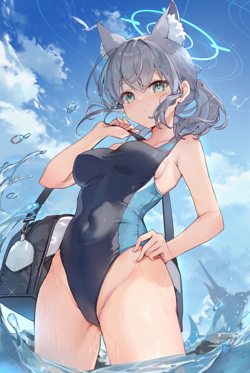 animal_ear_fluff animal_ears black_one-piece_swimsuit blue_archive blue_eyes blue_halo blue_sky breasts bright_pupils cloud commentary covered_navel day female fish halo highres kita_(kitairoha) looking_at_viewer medium_breasts medium_hair mismatched_pupils official_alternate_costume one-piece_swimsuit outdoors shiroko_(blue_archive) shiroko_(swimsuit)_(blue_archive) sky solo swimsuit swordfish wading wet white_pupils