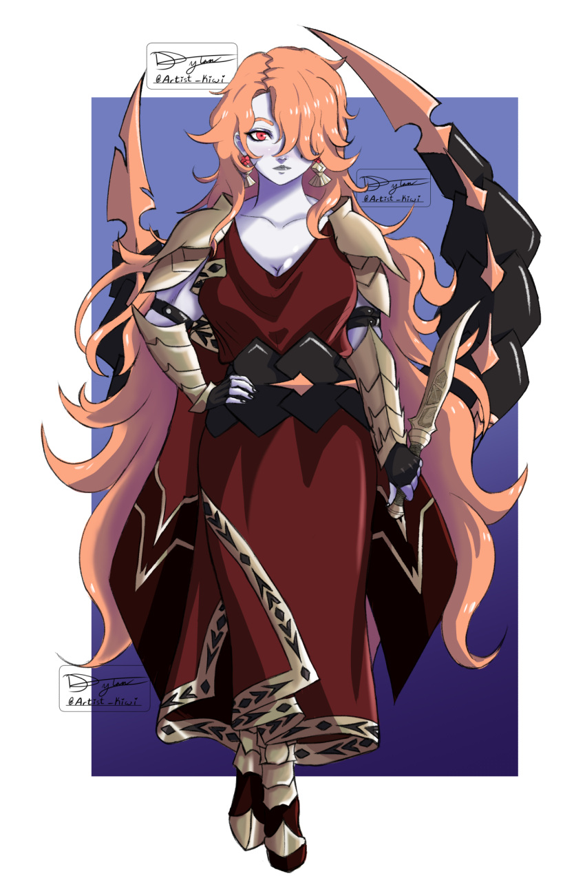 alternate_costume alternate_hair_length alternate_hairstyle armor artist_name black_gloves black_nails breasts commission dress earrings female fingerless_gloves fire_emblem fire_emblem:_three_houses gloves hair_over_one_eye hand_on_own_hip highres jewelry knightkiwi kronya_(fire_emblem) large_breasts long_dress long_hair looking_at_viewer orange_hair pale_skin red_dress red_eyes shoulder_armor signature simple_background sleeveless sleeveless_dress solo very_long_hair