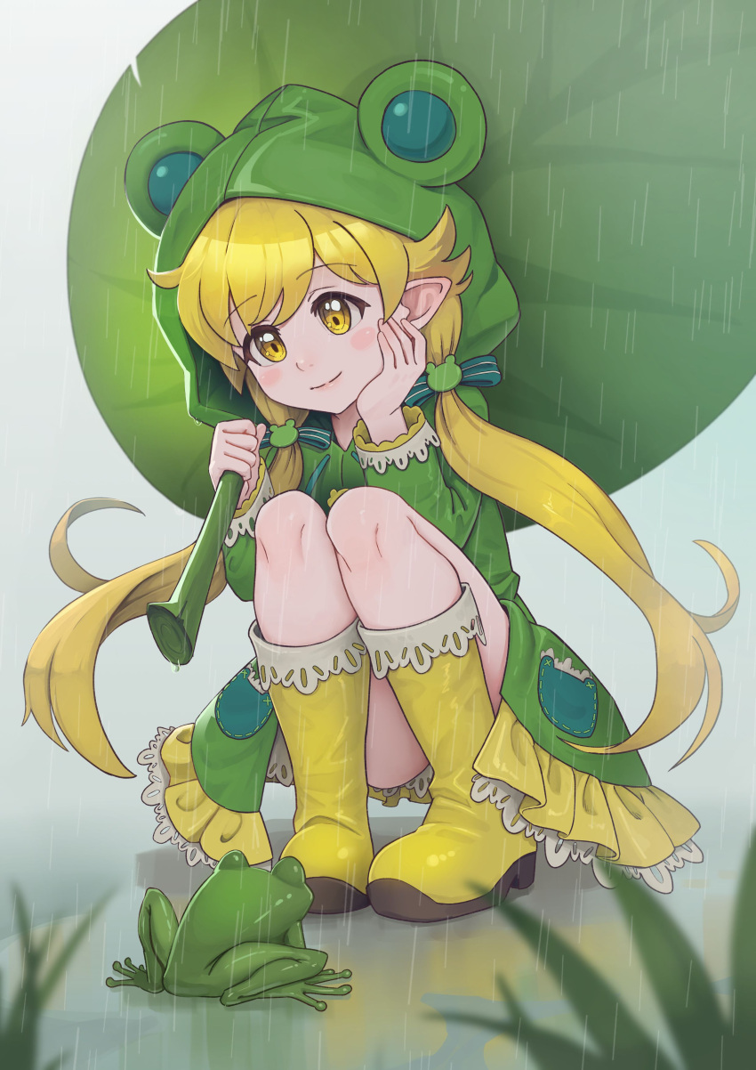 absurdres blonde_hair blush boots closed_mouth commentary female frills frog frog_hair_ornament frog_raincoat hair_ornament highres holding holding_leaf leaf leaf_umbrella long_hair long_sleeves monogatari_(series) oshino_shinobu pointy_ears rain ricman_rt rubber_boots smile solo squatting symbol-only_commentary twintails yellow_eyes yellow_footwear