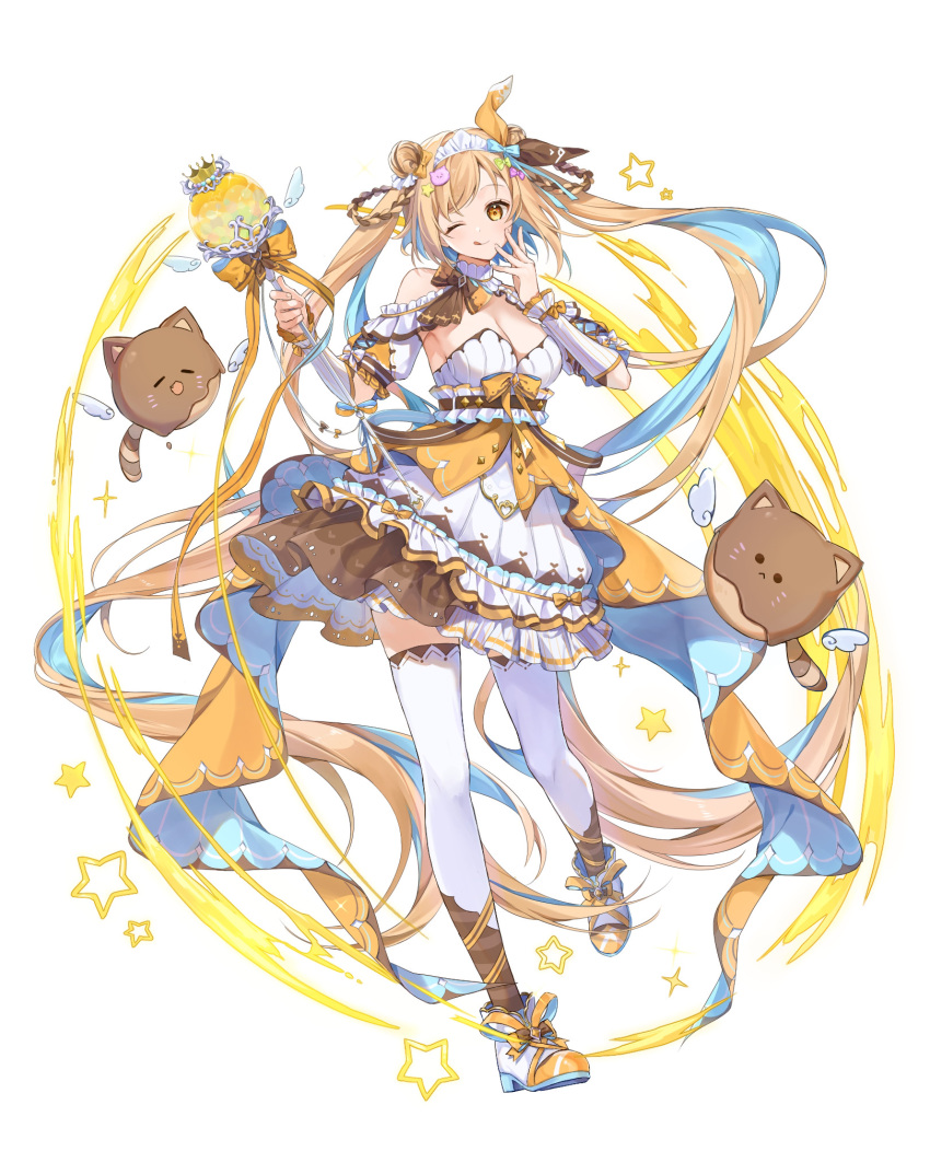 :p blonde_hair blue_hair boots bow breasts character_request creature double_bun female full_body hair_bun hair_ornament hairbow high_heel_boots high_heels highres holding holding_wand koyulu magical_girl medium_breasts multiple_hair_bows one_eye_closed shoes solo star_(symbol) tachi-e the_caster_chronicles thighhighs tongue tongue_out twintails wand