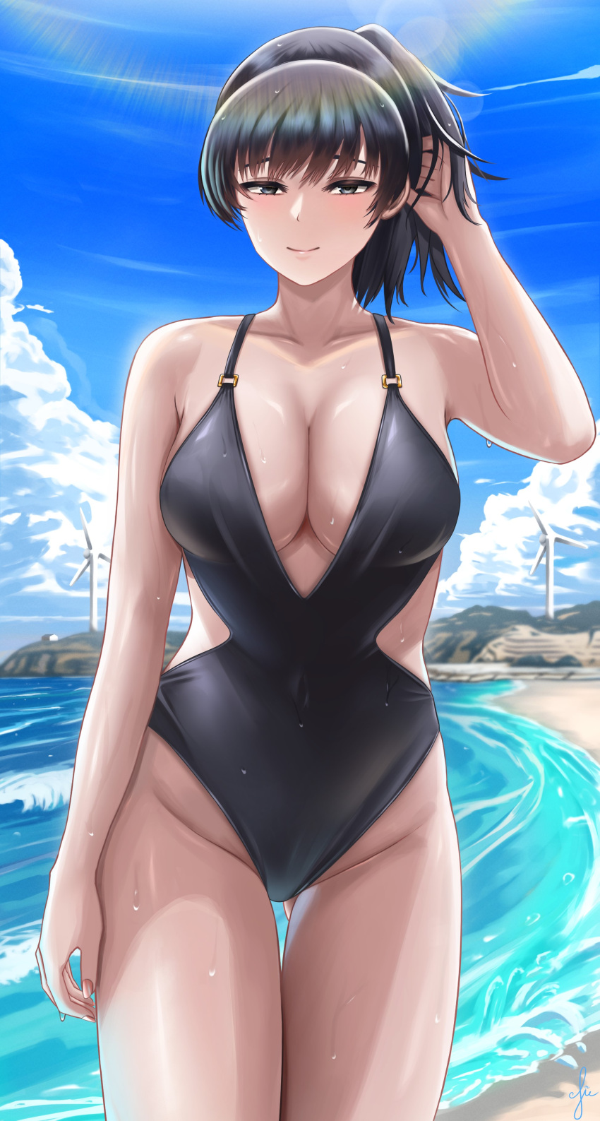 absurdres amagami ass_visible_through_thighs beach black_hair black_one-piece_swimsuit blue_sky breasts brown_eyes casual_one-piece_swimsuit cleavage cloud cowboy_shot day english_commentary female fie_nanoo highres large_breasts ocean one-piece_swimsuit outdoors ponytail short_hair sky solo swimsuit thigh_gap tsukahara_hibiki