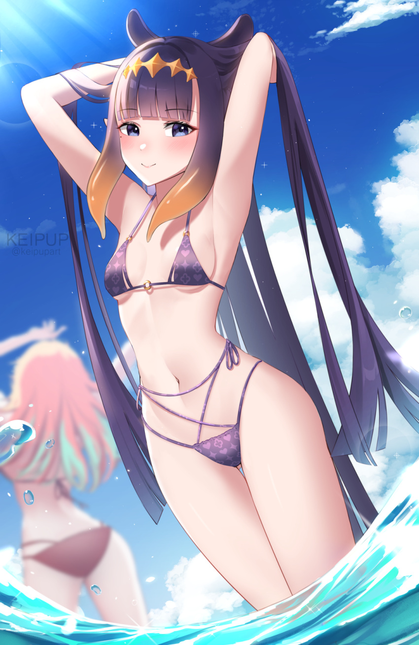 animal_ears armpits arms_up bare_arms bare_legs bare_shoulders bikini blue_eyes blunt_bangs blush breasts breasts_apart collarbone cowboy_shot dutch_angle female flipped_hair gradient_hair headpiece highleg highleg_bikini highres hololive hololive_english keipup long_hair looking_at_viewer multicolored_hair narrow_waist navel ninomae_ina'nis ocean orange_hair purple_bikini purple_hair sidelocks sky small_breasts smile summer sunlight swimsuit takanashi_kiara tentacle_hair thigh_gap very_long_hair virtual_youtuber wading