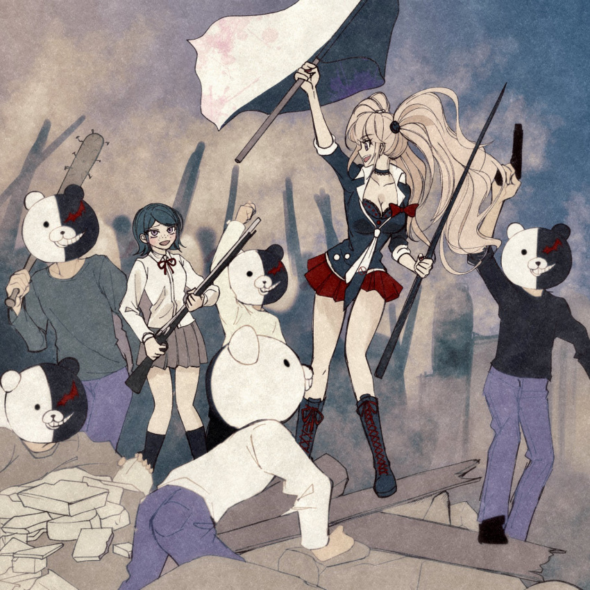 2girls 5boys :d animal_hood arm_up baseball_bat bear_hood black_choker black_footwear black_hair black_necktie black_sweater blonde_hair boots bow breasts brown_skirt choker cleavage club_(weapon) collared_shirt danganronpa:_trigger_happy_havoc danganronpa_(series) enoshima_junko flag gun highres holding holding_club holding_flag holding_gun holding_polearm holding_weapon hood ikusaba_mukuro improvised_weapon knee_boots large_breasts long_hair miniskirt monokuma multicolored_background multiple_boys multiple_girls necktie pants pleated_skirt polearm profile red_bow red_necktie red_skirt reference_request ruins satori_(aosky9077) shirt short_hair skirt smile sweater twintails weapon white_necktie white_shirt white_sweater