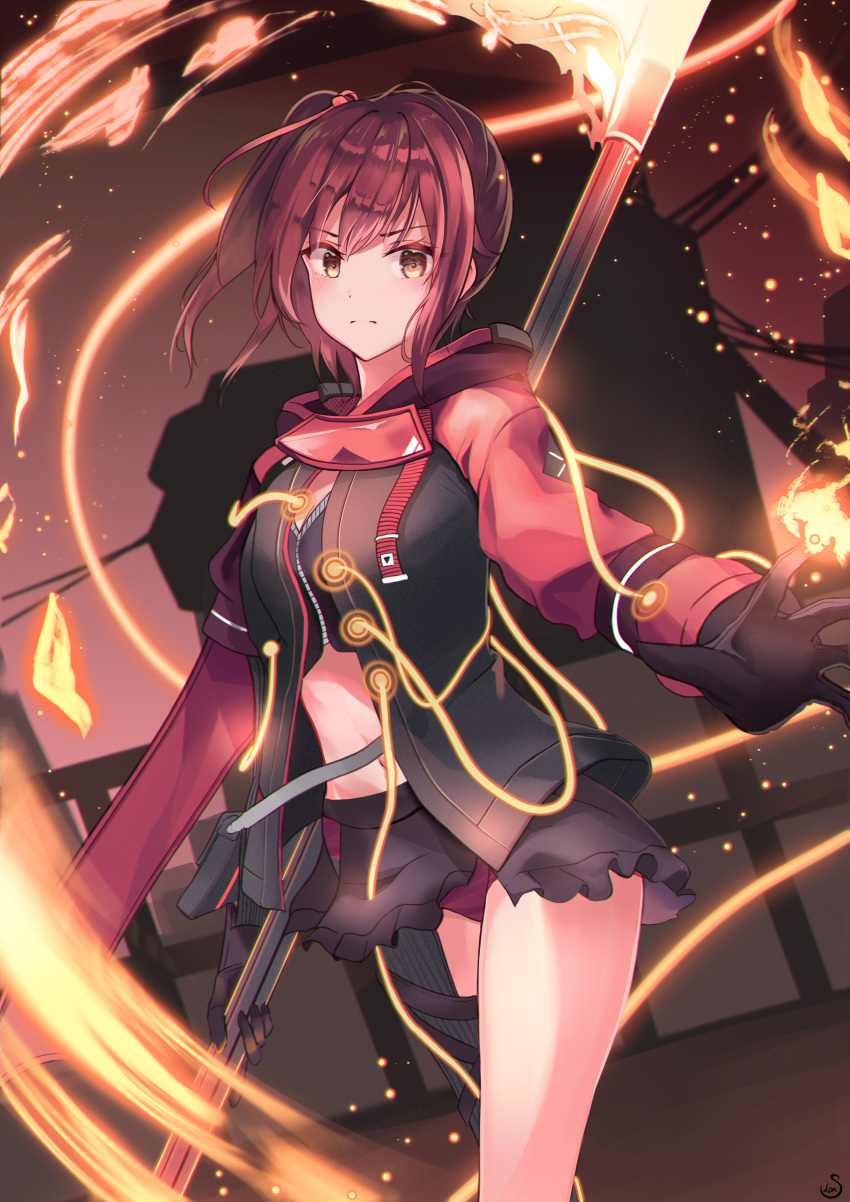 absurdres black_skirt commission crop_top female fire gloves hanabi_ichijou highres holding holding_polearm holding_weapon jacket midriff navel panties pixiv_commission polearm red_hair red_jacket red_ribbon ribbon scarlet_nexus short_ponytail side_ponytail sion_(im10042m) skirt underwear weapon