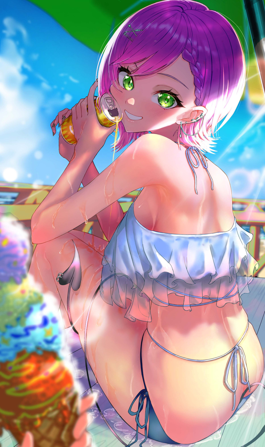 1other absurdres beach bikini black_bikini black_tail can demon_girl demon_tail female from_behind green_eyes highres holding holding_can holding_ice_cream_cone hololive ice_cream_cone looking_at_viewer looking_back ocean paras parted_lips pov purple_hair sand short_hair side-tie_bikini_bottom smile solo_focus spill swimsuit tail tokishima_sikuka tokoyami_towa virtual_youtuber water wet white_bikini