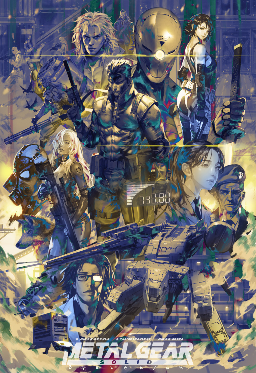 3girls 6+boys abs aircraft artist_name assault_rifle balaclava bandana belt belt_pouch beret black_choker black_tank_top blood blood_in_hair blue_headband box braveking breasts cardboard_box choker cleavage coat codec_call collared_shirt copyright_name cyborg english_commentary fingerless_gloves gas_mask gatling_gun glasses gloves gray_fox gun hair_over_one_eye hal_emmerich handgun hat headband helicopter high_collar highres holding holding_gun holding_weapon lab_coat large_breasts liquid_snake long_hair mask mei_ling meryl_silverburgh metal_gear_(series) metal_gear_rex metal_gear_solid military_uniform minigun multiple_boys multiple_girls muscular muscular_male necktie ninja one-eyed oni_mask pants parted_bangs pectorals ponytail pouch psycho_mantis revolver_ocelot rifle roy_campbell scar shirt short_hair sideboob snake_box_sneak sneaking_suit sniper_rifle sniper_wolf solid_snake standing suppressor sword tank_top thigh_strap uniform utility_belt vulcan_raven weapon wolf