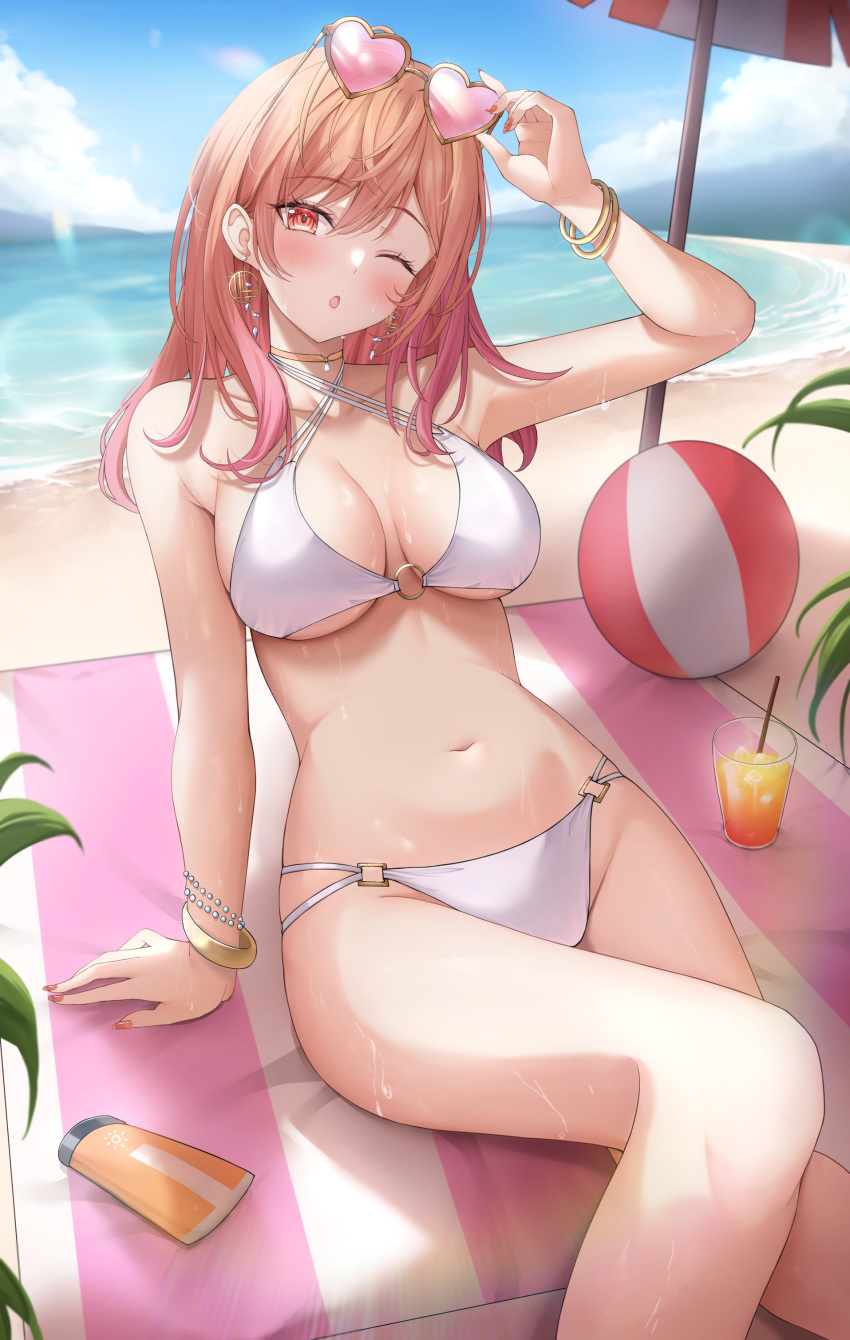 absurdres alternate_costume arm_support ball beach beach_mat beachball bikini blue_sky blush bracelet breasts commentary_request cup drinking_glass earrings female gradient_hair hair_between_eyes heart heart-shaped_eyewear highres hololive hololive_dev_is hoop_earrings ichijou_ririka jewelry juice large_breasts looking_at_viewer lotion multicolored_hair multiple_bracelets navel o-ring o-ring_top ocean one_eye_closed open_mouth orange_hair orange_juice pink-tinted_eyewear red_eyes red_hair shinigami_kiraki sitting sky solo sunscreen swimsuit tinted_eyewear virtual_youtuber white_bikini