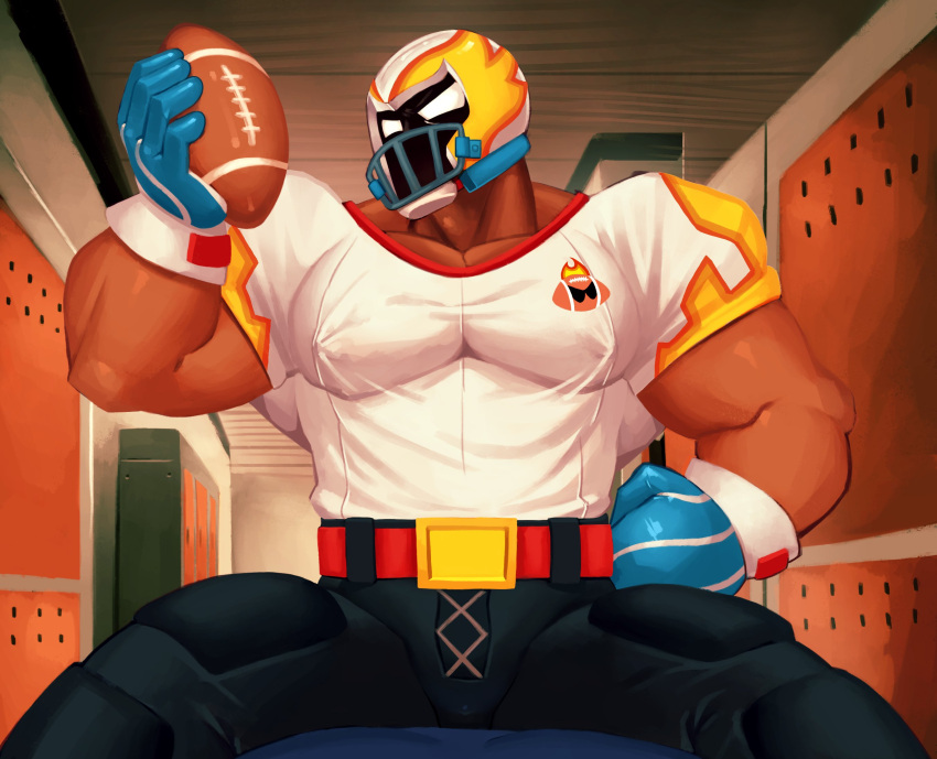 1boy abs alternate_costume american_football_(object) american_football_helmet american_football_uniform ball bara biceps brawl_stars covered_nipples cowboy_shot dark-skinned_male dark_skin el_primo flexing head_tilt helmet highres large_pectorals locker locker_room looking_at_viewer lovka luchador_mask male_focus muscular muscular_male nipples pectorals pointing pointing_forward rugby_ball solo sportswear spread_legs standing thick_thighs thighs wrestler wrestling_outfit