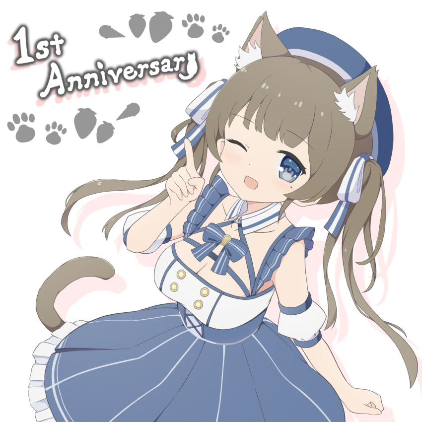 animal_ear_fluff animal_ears anniversary blue_eyes bow breasts cat_ears cat_girl cat_tail cleavage detached_sleeves dress female hair_ribbon hat highres index_finger_raised indie_virtual_youtuber itigori_ena large_breasts long_hair looking_at_viewer mole mole_under_eye one_eye_closed open_mouth ribbon short_sleeves smile solo tail twintails tyakomis virtual_youtuber