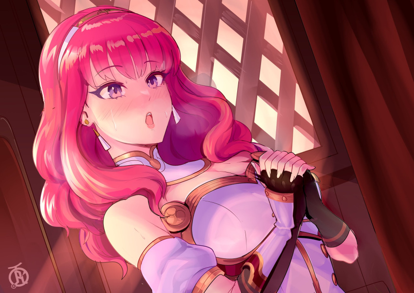 artist_logo bare_shoulders black_gloves blush breasts celica_(fire_emblem) cleavage confessional dress earrings english_commentary female fingerless_gloves fire_emblem fire_emblem_echoes:_shadows_of_valentia gloves highres jewelry large_breasts long_hair open_mouth own_hands_clasped own_hands_together purple_eyes red_hair revolverwing solo upper_body variant_set white_dress