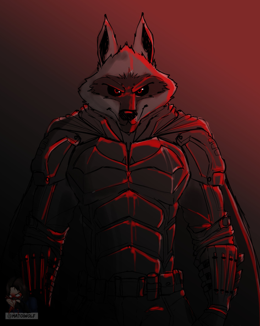 anthro armor batman_(series) batman_logo big_ears black_clothing black_nose canid canine canis cape clothing dc_comics death_(puss_in_boots) dreamworks facial_markings fur glowing glowing_eyes head_markings hi_res long_ears looking_at_viewer male mammal markings matoiwolf pupils puss_in_boots_(dreamworks) red_eyes simple_background smile smiling_at_viewer soft_lighting solo standing suit white_body white_ears white_fur wolf