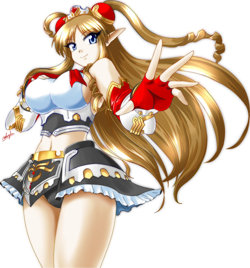 absurdres blue_eyes breasts brown_hair cleavage drill_hair female fingerless_gloves gloves hair_ornament highres huge_breasts large_breasts long_hair midriff navel negimura_kisara neige_hausen pointy_ears sideboob skirt solo super_robot_wars super_robot_wars_og_saga_mugen_no_frontier super_robot_wars_og_saga_mugen_no_frontier_exceed