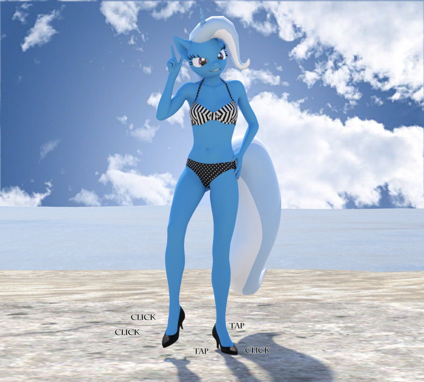 2017 3d_(artwork) anthro anthrofied beach black_clothing black_footwear black_high_heels blue_body blue_fur blue_hair blue_tail breasts clothing contact_onomatopoeia dance_shoes dancewear dancing daz_studio_(artwork) digital_media_(artwork) equid equine female footwear friendship_is_magic fur gesture glistening glistening_clothing glistening_footwear glistening_high_heels grin grinning_at_viewer hair hand_gesture hand_on_hip hasbro hi_res high_heels horn impact_onomatopoeia jawolfadultishart mammal multicolored_hair my_little_pony mythological_creature mythological_equine mythology navel onomatopoeia polka_dot_bikini purple_eyes purple_nail_polish raised_finger raised_index_finger sand shoes smile smiling_at_viewer solo sound_effects stiletto_heels striped_bikini_top tail tap_dancing tap_shoes text trixie_(mlp) two_tone_hair two_tone_tail unicorn white_body white_fur white_tail