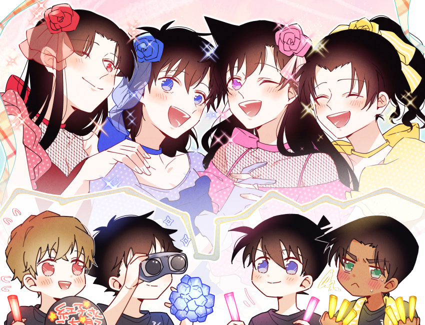 4boys 4girls binoculars blonde_hair blue_bow blue_choker blue_eyes blue_flower blue_rose bow breasts brown_hair choker cleavage closed_eyes commentary_request dark-skinned_male dark_skin fishnet_top fishnets flower flying_sweatdrops glowstick green_eyes hair_flower hair_ornament hakuba_saguru hand_on_another's_shoulder hattori_heiji highres holding holding_binoculars holding_glowstick holding_hands holding_sign idol koizumi_akako kudou_shin'ichi kuroba_kaito long_hair looking_at_another magic_kaito meitantei_conan momomo35293 motion_lines mouri_ran multiple_boys multiple_girls nakamori_aoko one_eye_closed open_mouth parted_lips pink_bow pink_choker pink_flower pink_rose ponytail puffy_sleeves purple_eyes red_bow red_choker red_eyes red_flower red_rose rose short_hair side_part sign sparkle tooyama_kazuha yellow_bow yellow_choker yellow_flower yellow_rose