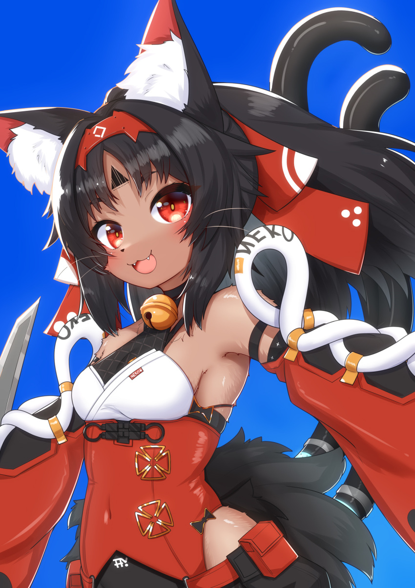 :3 :d animal_ear_fluff animal_ears animal_nose barcode barcode_tattoo bell black_hair blue_background body_fur breasts cat_ears cat_girl cat_tail commentary_request covered_navel dark-skinned_female dark_skin detached_sleeves fangs female furry furry_female hairband highres horokusa_(korai) long_hair looking_at_viewer multiple_tails nekomata nekomiya_mana open_mouth red_eyes simple_background skindentation small_breasts smile solo tail tattoo two_tails upper_body whiskers zenless_zone_zero