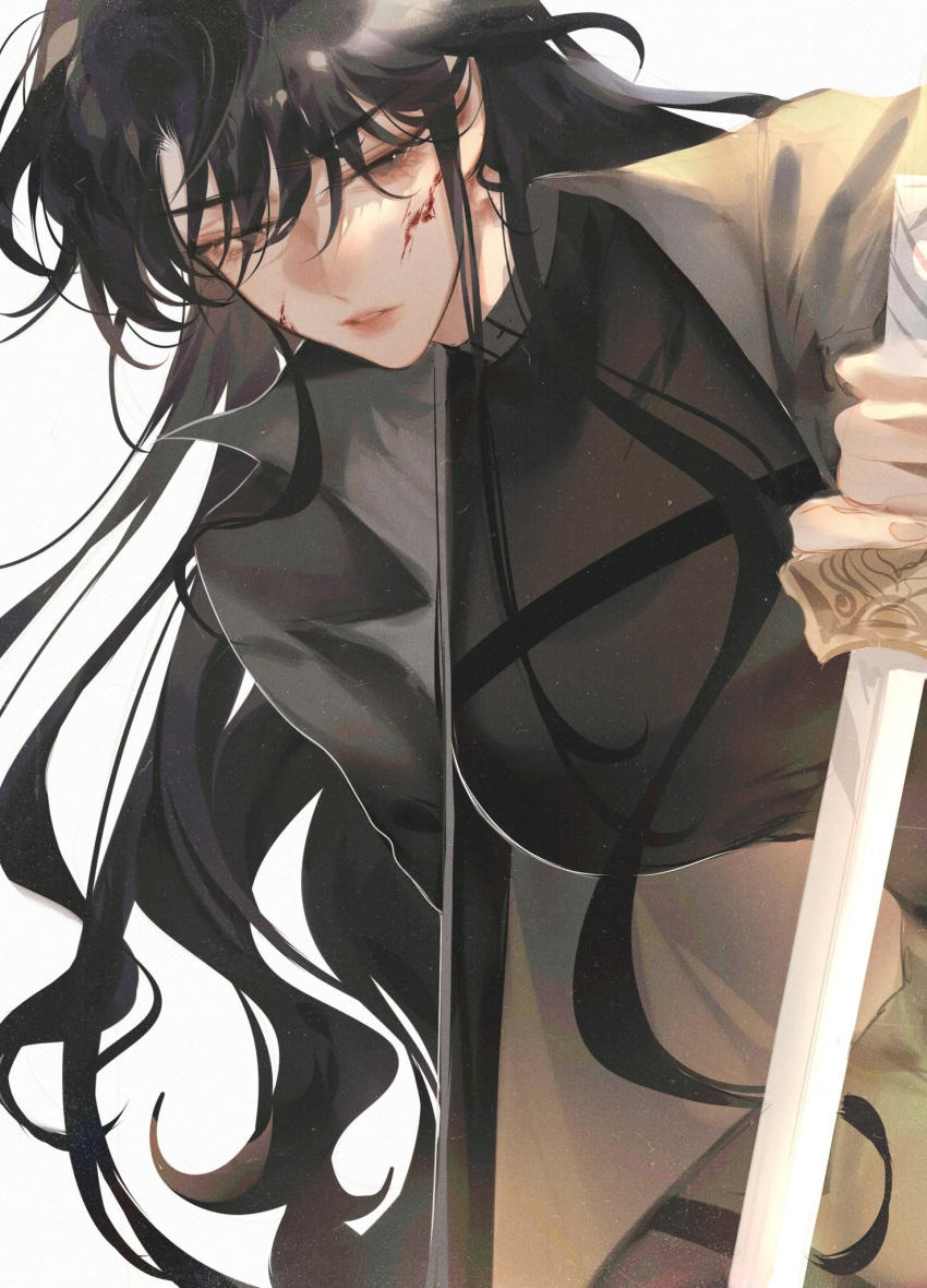 black_coat black_hair black_shirt blood blood_on_face breasts chest_belt coat commentary female genderswap_(mtf) hair_over_eyes highres holding holding_sword holding_weapon large_breasts leaning_forward long_hair omniscient_reader's_viewpoint orv_yjh_kdj rule_63 shirt simple_background solo sword very_long_hair weapon white_background yoo_joonghyuk