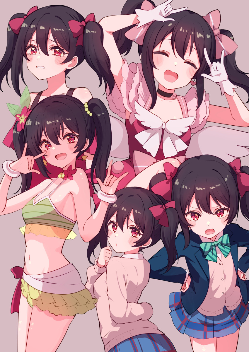 absurdres bikini birthday black_hair blush breasts clenched_teeth closed_eyes commentary cream_(nipakupa) earrings female gloves grey_background hair_ribbon highres jewelry long_hair looking_at_viewer love_live! love_live!_school_idol_project multiple_views nico_nico_nii otonokizaka_school_uniform red_eyes ribbon school_uniform small_breasts swimsuit teeth twintails upper_body white_gloves yazawa_nico