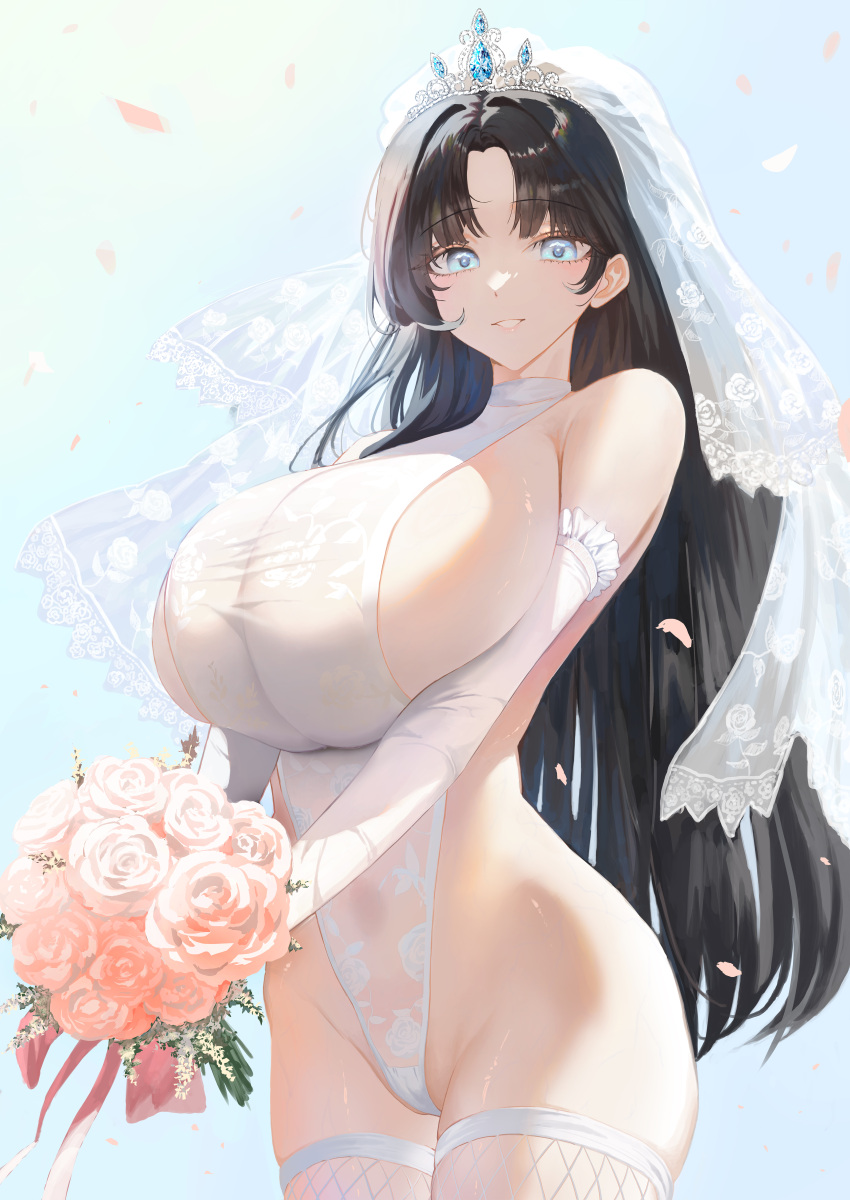 absurdres black_hair blue_eyes blue_sky bouquet breasts bridal_veil commentary commission cowboy_shot egoswans elbow_gloves english_commentary falling_petals female fishnet_thighhighs fishnets flower gloves halter_leotard halterneck highleg highleg_leotard highres holding holding_bouquet huge_breasts leotard light_blush long_hair looking_at_viewer original parted_lips petals pink_flower pink_rose pixiv_commission rose rose_petals sideless_leotard sideless_outfit sky smile solo standing teeth thighhighs tiara veil very_long_hair white_gloves white_leotard