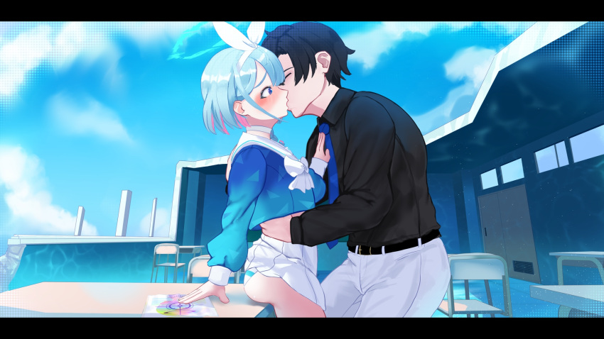 1boy arona_(blue_archive) ass black_hair black_shirt blue_archive blue_archive_the_animation blue_hair blue_necktie blue_shirt blush chair closed_eyes commentary_request cropped_shirt desk female halo highres kissing miniskirt multicolored_hair necktie paid_reward_available pink_hair rancidronin ruins school_chair school_desk school_uniform sensei_(blue_archive) sensei_(blue_archive_the_animation) serafuku shirt sitting skirt straight surprise_kiss surprised torso_grab two-tone_hair white_skirt